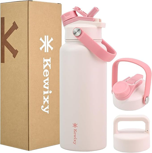 32 oz Insulated Water Bottle, 2-in-1 Lid, Straw & Spout with Protected, Leak Proof, Keep Cold, Stainless Steel, Metal, Reusable, Handle, for Outdoor, Gym and School, 2 Lids, Pale Pink