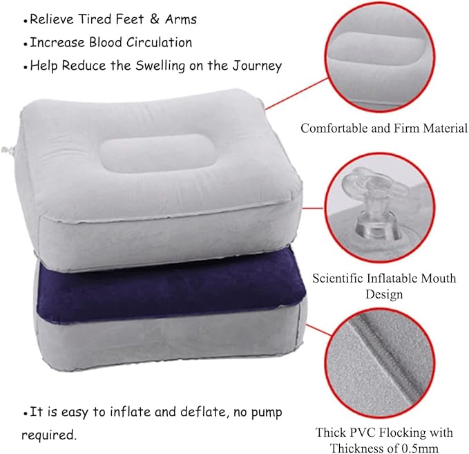 Inflatable Travel Foot Rest Pillow, Head Pad, Soft Flocking Pillow, Flights Relax Cushion Ottomans Leg Up with Air Pump for Office, Home Relax, Camping and Travel Use (Gray) 1PCS
