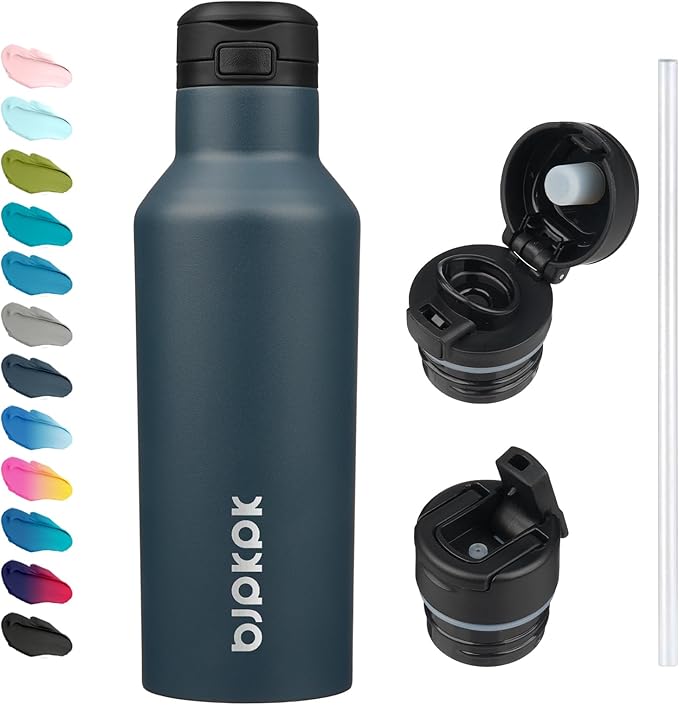 BJPKPK Insulated Water Bottle With Straw 17oz Stainless Steel Water Bottles With 2 Lids And Carry Handle Reusable Travel Metal Thermo,Navy Blue