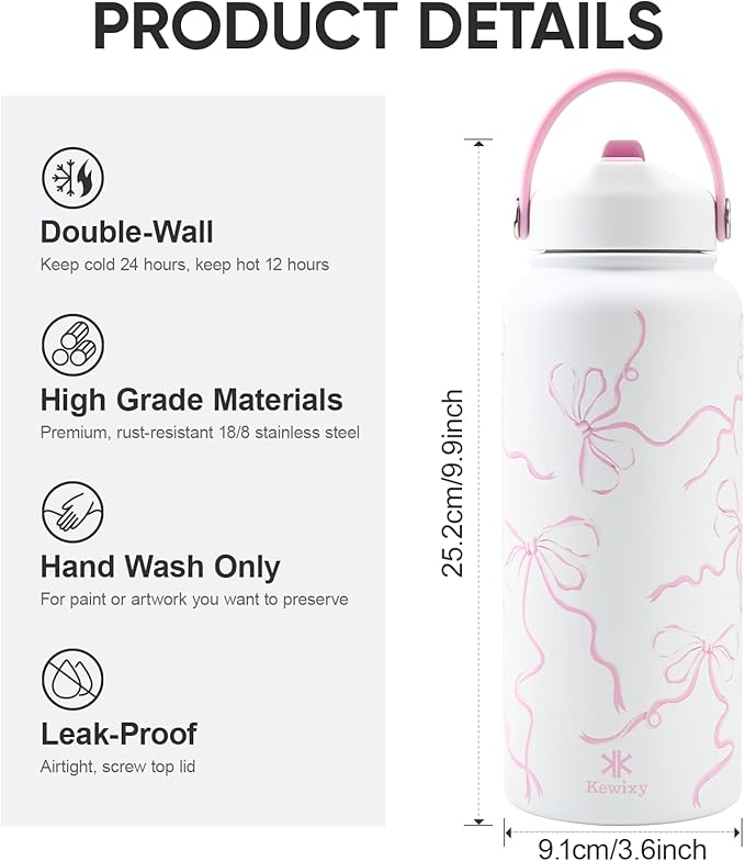 32 oz Insulated Water Bottle with Straw, Bow Water Bottle Stainless Steel with Flip Straw and Handle, Leak Proof, Metal, Reusable, Wide Mouth, for Travel, Gym and School (Breeze Pink Bow)