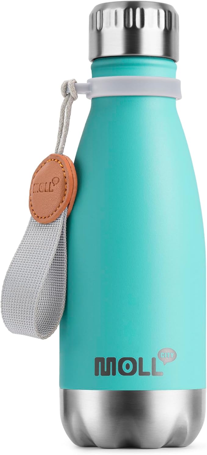 Kids Water Bottle for School-9 oz Stainless Steel Double Wall Vacuum Insulated Sports Water Bottle Reusable Metal Leak Proof Cola Shape Flask for Girls (Teal)