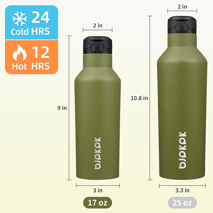 BJPKPK Insulated Water Bottle With Straw 17oz Stainless Steel Water Bottles With 2 Lids And Carry Handle Reusable Travel Metal Thermo,Olive Green