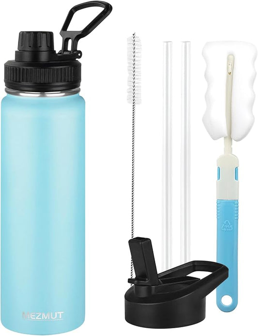 24oz Insulated Water Bottle with Straw&2 Lids, Stainless Steel Water Bottles, Sports Metal Water Bottle Cup, Double Walled Vacuum Insulated Bottles Leak-Proof Travel, Blue