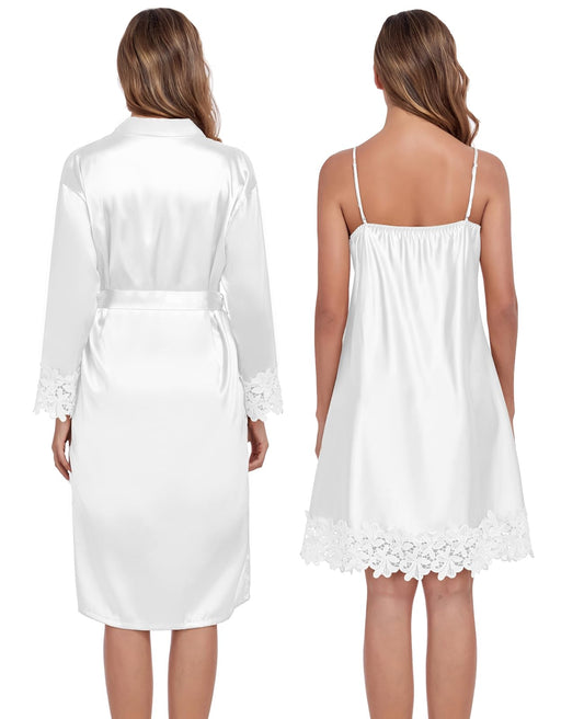 BestWendding Women's Silk Robe Set 2 Pieces Pajamas Sets Sexy Soft Satin Robe with V Neck Camisole Lingerie Nightgown, White1 L