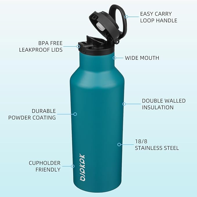 BJPKPK Insulated Water Bottle With Straw 17oz Stainless Steel Water Bottles With 2 Lids And Carry Handle Reusable Travel Metal Thermo,Lake Blue