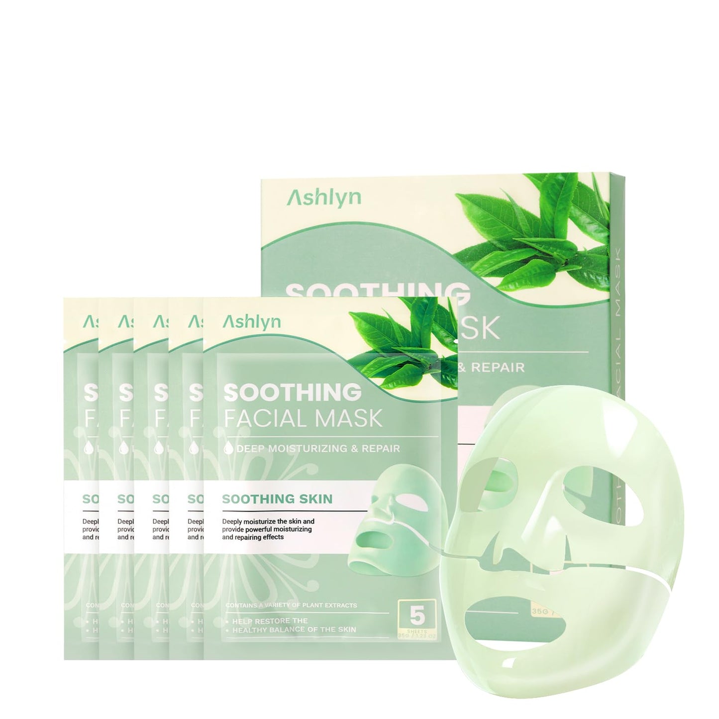 Ashlyn Green Tea Soothing Collagen Face Mask - Overnight Hydrating Sheet Mask with Hyaluronic Acid & Collagen for Sensitive Skin, Deep Moisture Calming Relief for Glass Skin, 35g, 5ea
