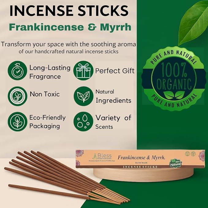 Bless-Frankincense-and-Myrrh 100%-Natural-Handmade-Hand-Dipped-Incense-Sticks Organic-Chemicals-Charcoal-Free Purification-Relaxation-Positivity-Yoga-Meditation Best-Woods-Scent (25 Sticks (1.4 OZ))