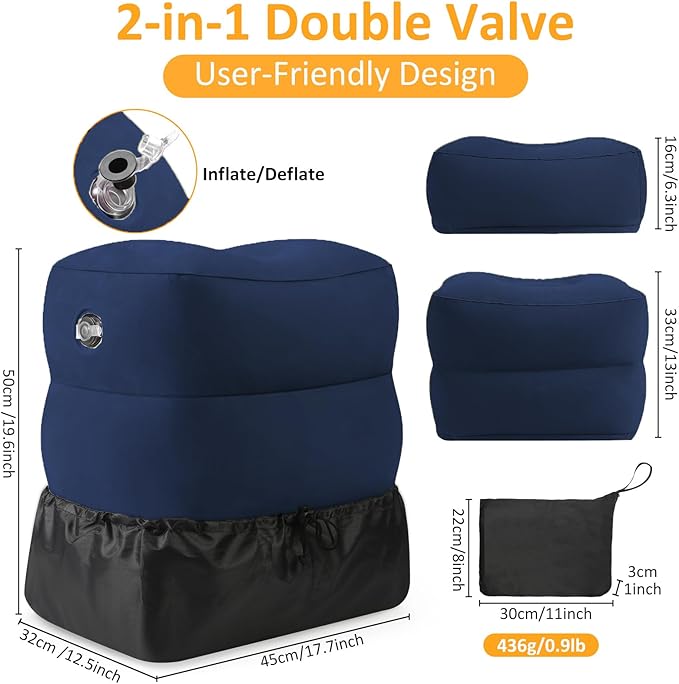 Inflatable Foot Rest Pillow for Travel - Adjustable Height Flight Foot Rest with Eye Mask and Earplugs for Kids & Adults on Airplane, Car, Train, Office, and Home (Blue, 2 PCS)