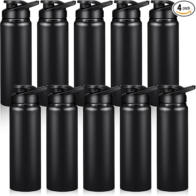 CHENGU 4 Pcs Aluminum Water Bottle 24oz Aluminum Reusable Bottles Lightweight Snap Lid Sports Water Multipack Easy Carry Leak Proof Travel for Gym Camping Hiking Outdoor Fishing (Black)