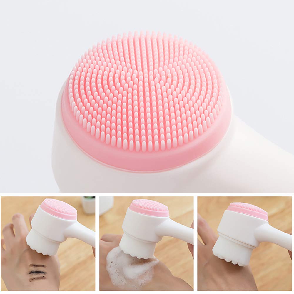 3D Stand Vertical Silicone Facial Wash Brush, Double Sides Face Brush, 2 in 1 Facial Cleansing Brush Manual Dual-action Face Brush for Acne, Clogged Enlarged Pores Sensitive Delicate, Dry Skins (Pink)
