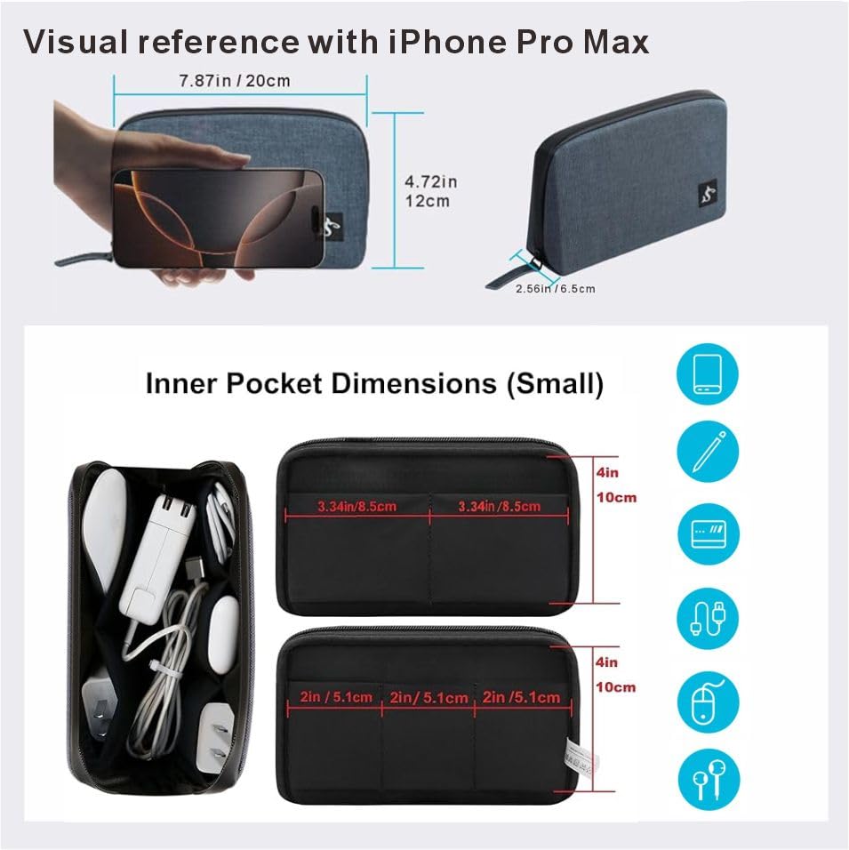 Electronic Organizer Travel Bag – Water-resistant Cable Bag for Cord, Charger, Hard Disk, Power Bank – Small Tech Storage for Travel, Backpack, Business Trip, Airplane (Blue)