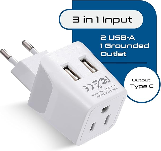 Ceptics European, Egypt Travel Adapter Plug with Dual USB - Type C - Europe - Usa Input - Light Weight - Perfect for Cell Phones, Chargers, Cameras and More - 2 Pack