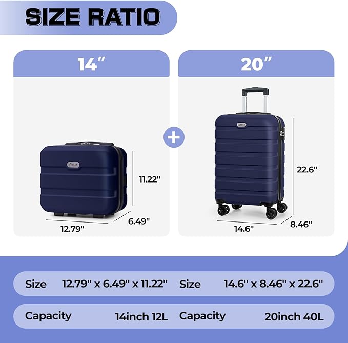AnyZip Carry On Luggage 2PCS Luggage Set PC ABS Hardshell Lightweight Suitcase TSA Lock with 4 Spinner Wheels（14/20, Dark Blue）