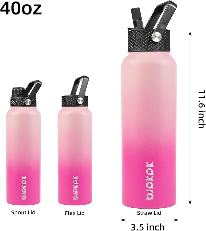 BJPKPK 40oz Stainless Steel Insulated Water Bottle with 3 Lids, Sakura - BPA Free Leakproof Thermos Bottle for Sports & Gym