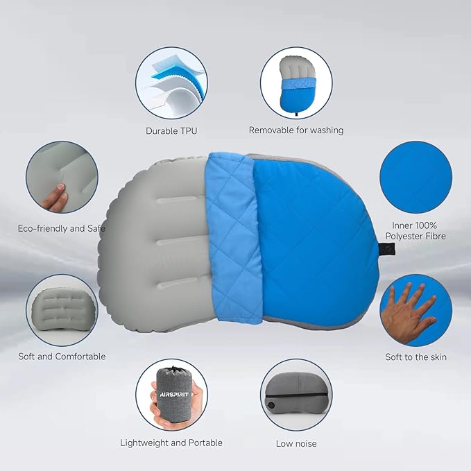 AIRSPIRIT Ultralight Camping Pillow Inflatable with Removable Washable Cover, Compact Travel Pillow for Neck Support, Hiking, Backpacking, Office, Airplane, Car & Beach - Adjustable Firmness (Blue)