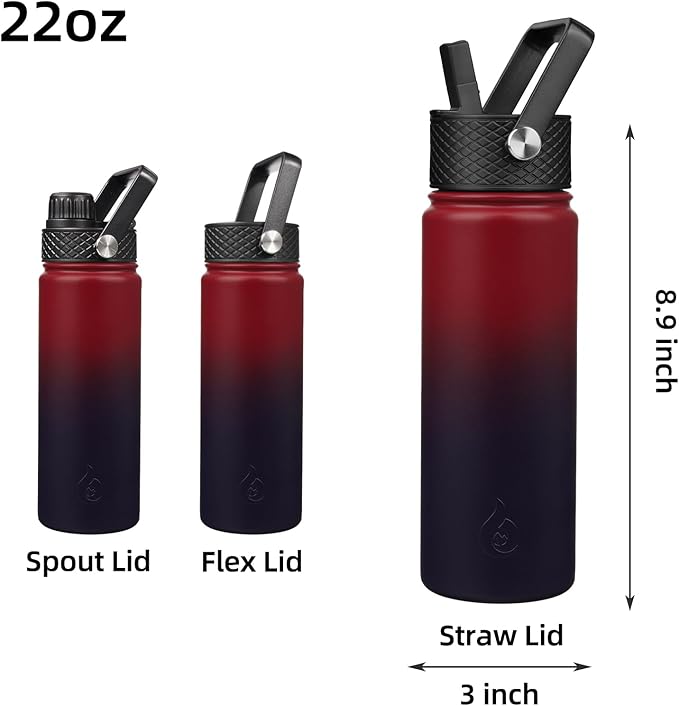 BJPKPK Insulated Water Bottles with Straw Lid, 22oz Cold & Hot Thermo, Stainless Steel Metal Water Bottle with 3 Lids, Reusable Thermo, Cups, Mugs-Charming Red