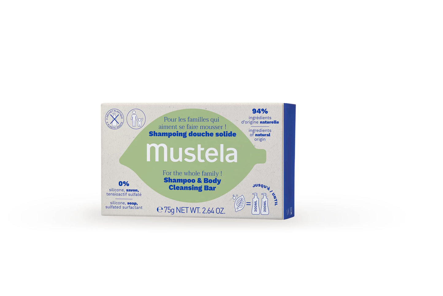 Mustela Solid Shampoo & Body Cleansing Bar for Baby, Kid & Adult - with Avocado Oil & Olive Oil - Fragrance-Free, Plastic-Free, Vegan & Biodegradable Formula - 2.64 oz.