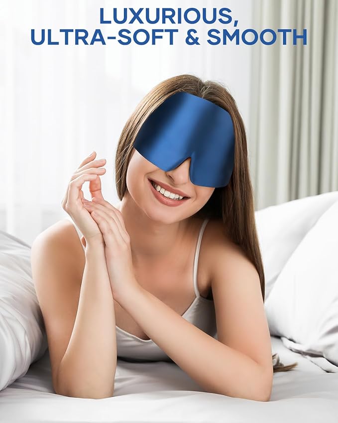 Silk Sleep Mask, Large Size Eye Mask Face Hugging Padded Sleep Blindfold Silk Eye Cover with Adjustable Band for Total Blackout for All Night Sleep (Navy Blue)