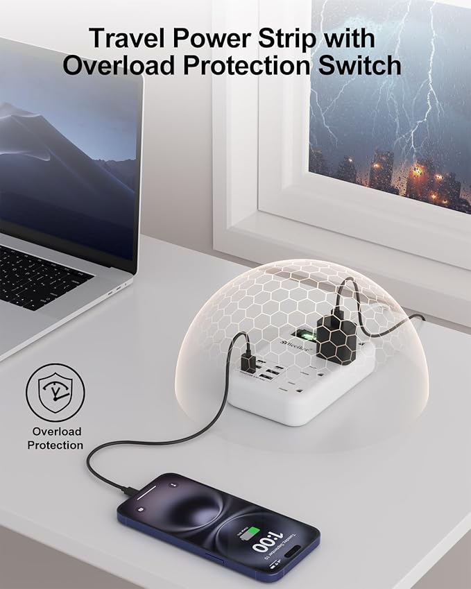 6 USB(2 USB C) Travel Power Strip- Flat Plug Extension Cord 3 Feet with 4.8A 24W USB Charging Station and 4 Outlets, 3 FT Short Extension Cord Portable for Travel Cruise Office College Dorm