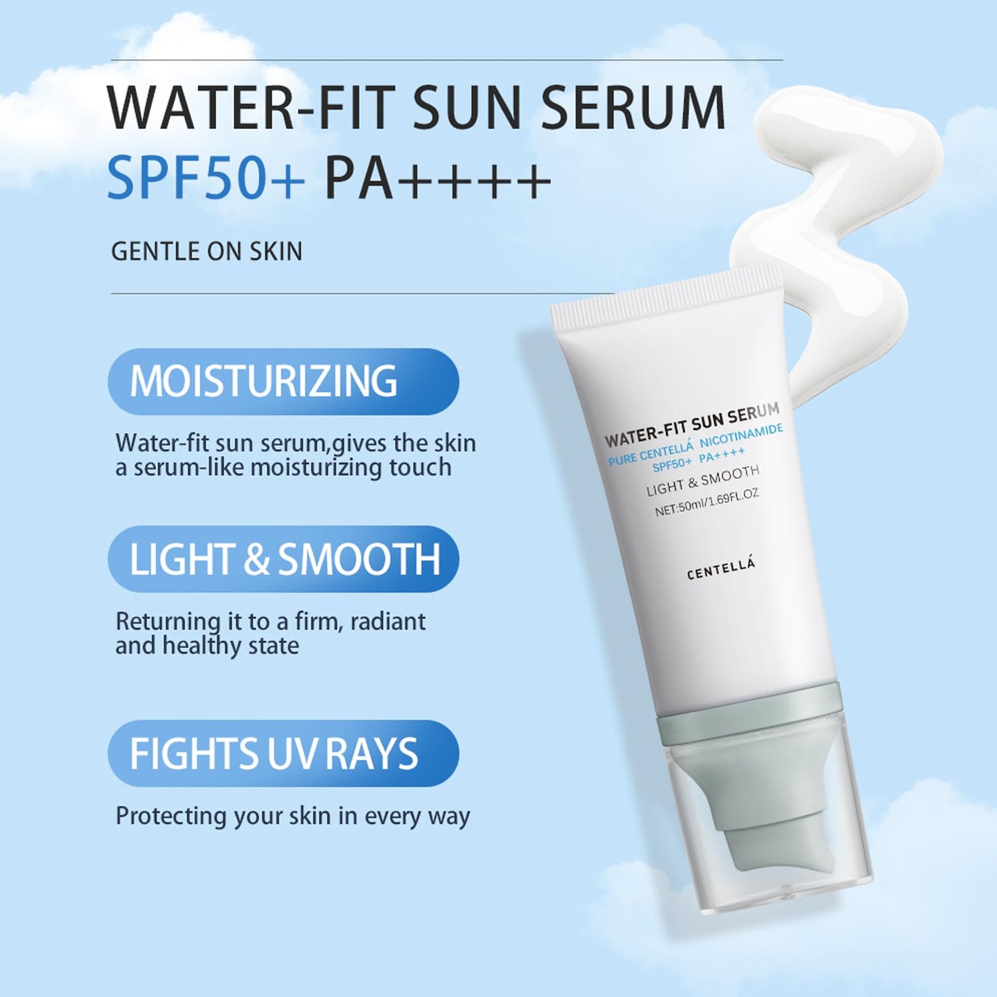 Centella Sunscreen SPF 50 PA++++, Korean Sunscreen Water-Fit Sun Serum, Face Sun Screen Long-Lasting, Hydrating & Non-Greasy Sun Protection for Sensitive Skin, Reef-Safe & Fast-Absorbing