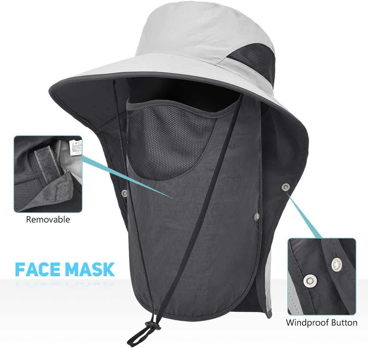 2 Pack Womens Outdoor Wide Brim Sun Hat with Neck Face Flap,UPF 50 Protection Fishing Hiking Garden Work Hats with Ponytail (US, Alpha, One Size, Light Grey ＆ Khaki)