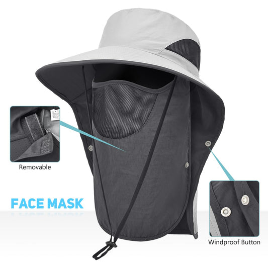 2 Pack Womens Outdoor Wide Brim Sun Hat with Neck Face Flap,UPF 50 Protection Fishing Hiking Garden Work Hats with Ponytail (US, Alpha, One Size, Light Grey ＆ Khaki)