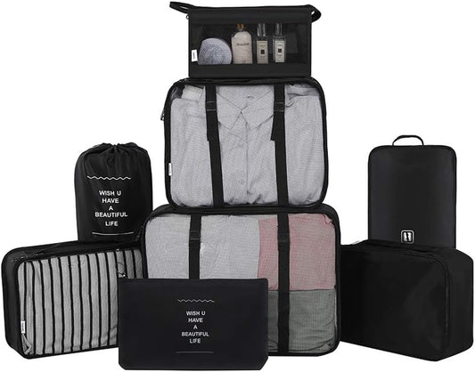 Belsmi 8 Set Packing Cubes with Shoe Bag - Compression Travel Luggage Organizer (Style A - Black)