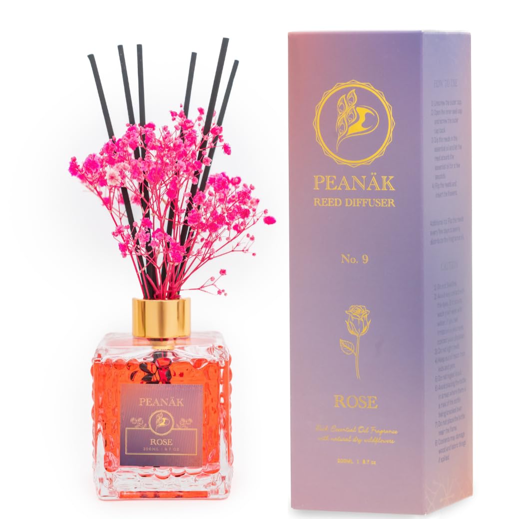 Reed Diffuser Set - Rose Honey Oil, Oil Diffuser Sticks, Bathroom Diffuser, Bathroom Decor, 200ml with Preserved Flowers - PEANÄK
