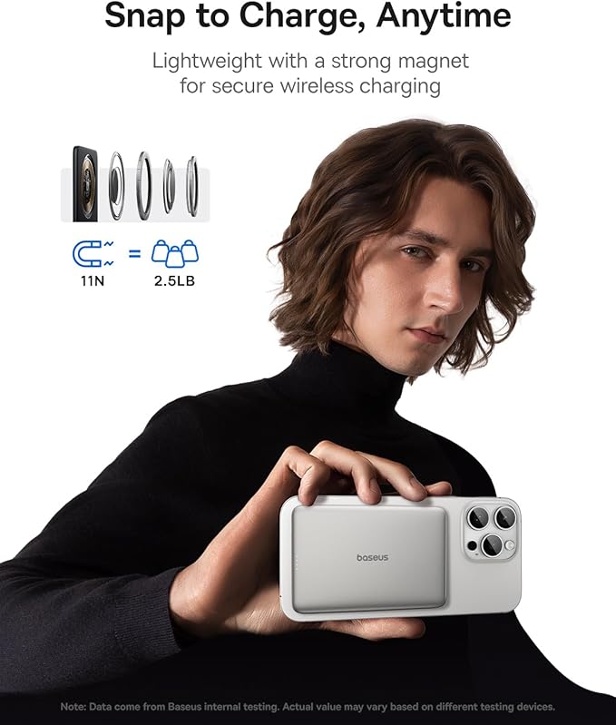 Baseus Picogo Power Bank, 0.3" Ultra Slim 5000mAh MagSafe Portable Charger, Card-Size Magnetic Battery Pack with USB-C Braided Cable, Alloy Wireless Charger for iPhone 17 Pro Max/17 Air/16/15/14/13/12