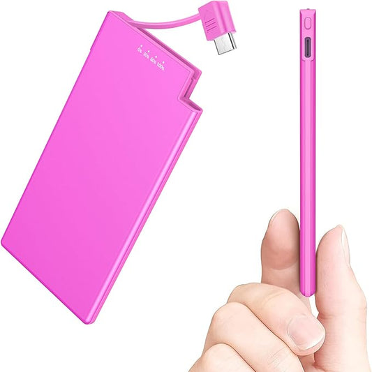 Auskang Pink USB-C Portable Charger with Built in Cable-5000mAh Slim Power Bank Compatible with iPhone16 15 Series/Samsung/Google Pixel/Android Phones etc-Thin Battery Pack for Outdoor Travel