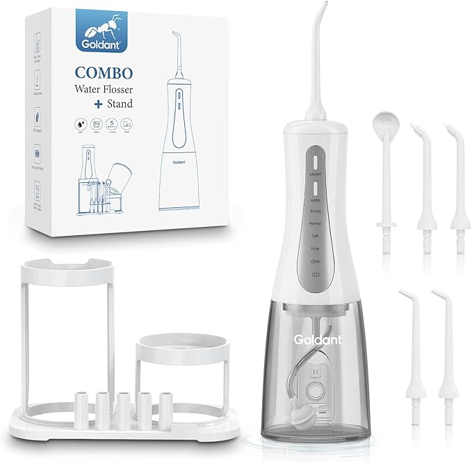 350ML Water Dental Flosser Teeth Pick with Stand Convenient Storage, 5 Modes Portable Cordless Oral Irrigator, Electric Rechargeable IPX7 Waterproof for Home Travel Teeth Cleaning (White)