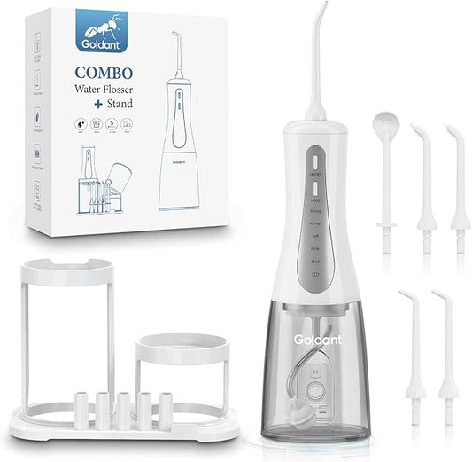 350ML Water Dental Flosser Teeth Pick with Stand Convenient Storage, 5 Modes Portable Cordless Oral Irrigator, Electric Rechargeable IPX7 Waterproof for Home Travel Teeth Cleaning (White)