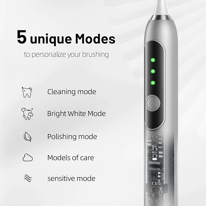 Adult Sonic Electric Toothbrush with 10 Brush Heads, Travel case, and Wall Bracket, Suitable for Both Adults and Children, IPX8 Waterproof, USB Charging, 42000VPM, Silver