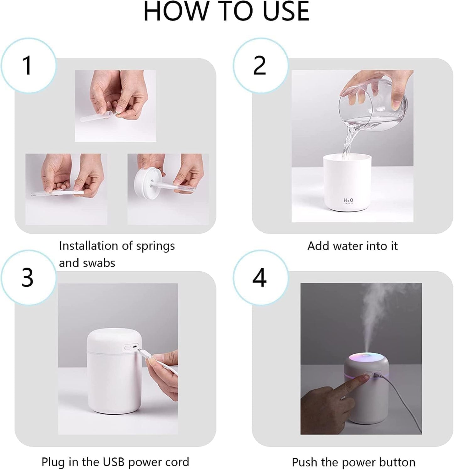 H2O – Ultrasonic Cool Mist Humidifier 3 Color (Black, White, Pink), Quiet Operation, USB Powered, Portable for Home, Office, Travel, Night Light Function, Compact Design, Improves Air Quality (Black)