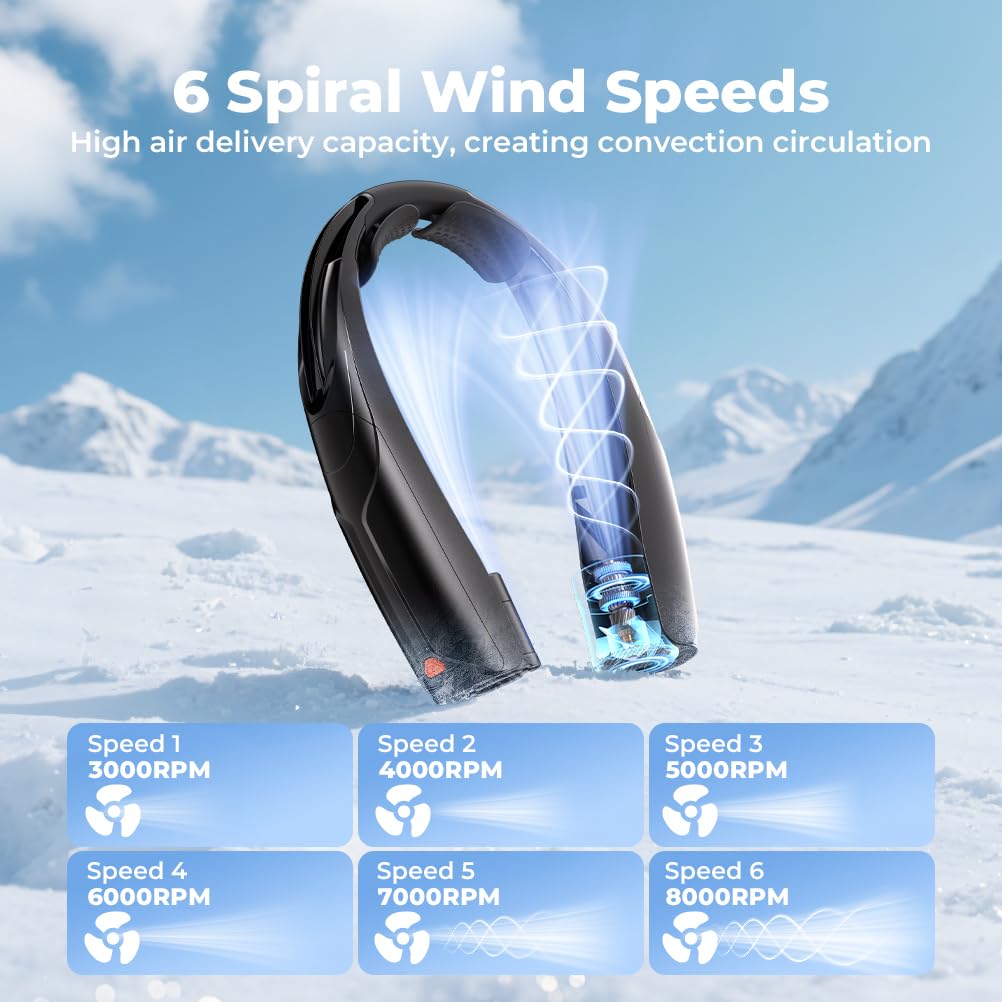 VOSFEEL Outdoor Neck Fan 8000RPM Hurricane Wind, Portable Personal Fan Rechargeable, Proven Battery 20Hrs, 6 Adjustable Cooling Speeds, 360° Airflow, Hands-Free Wearable Fan for Camping Travel, Black