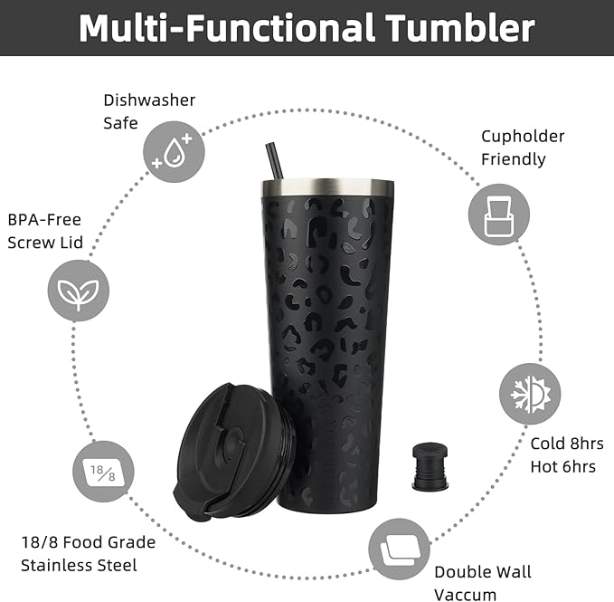 BJPKPK 30oz Insulated Tumbler With lid And Straw Stainless Steel Tumblers Travel Coffee Mug Reusable Thermal Cup,Black Leopard