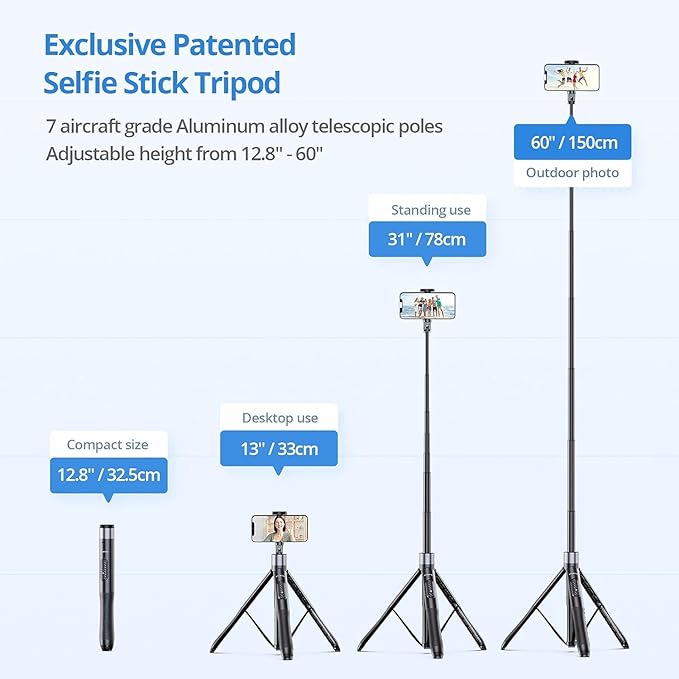 ATUMTEK 60" Selfie Stick Tripod, All in One Extendable Phone Tripod Stand with Bluetooth Remote 360° Rotation for iPhone and Android Phone Selfies, Video Recording, Vlogging, Live Streaming, Black