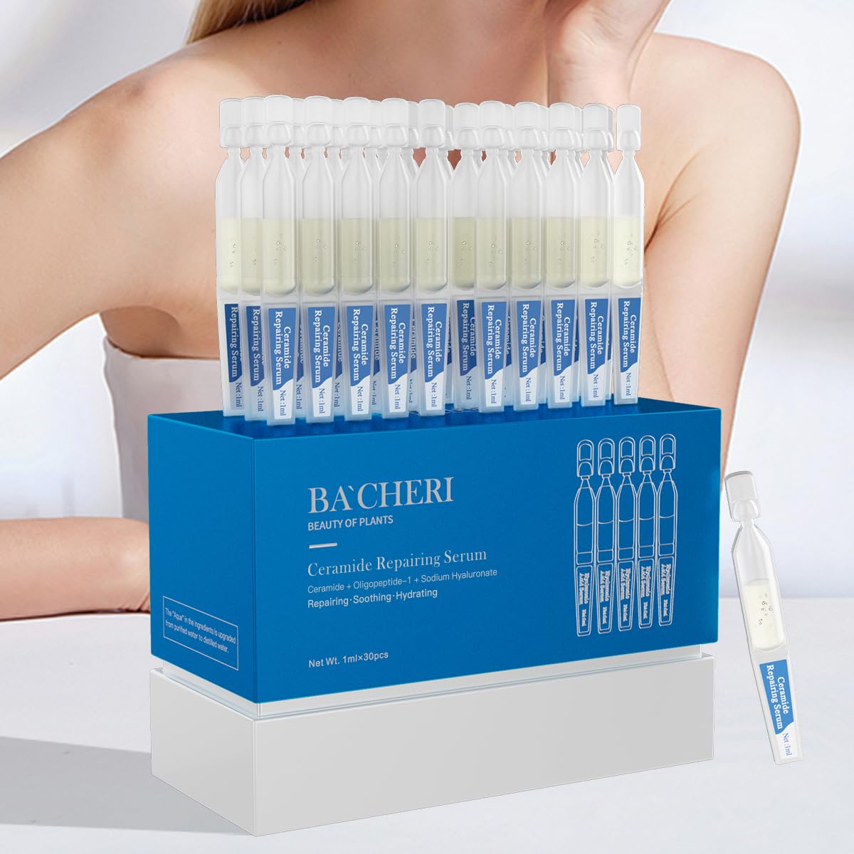 BACHERI Ceramide Ampoule Serum with Hyaluronic Acid, Peptide, Hydrating & Anti Aging, Skin Barrier Repair Face Serum for Dry and Sensitive Skin, 30 Pcs/Box