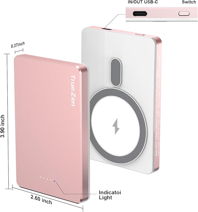 Portable Charger,For Magsafe Pink Portable Charger 5000mAh Magnetic Power Bank Wireless Battery Pack with USB-C Cable for Iphone12-16,Samsung,Google,Travel Accessories,Birthday Gifts for Women Mom