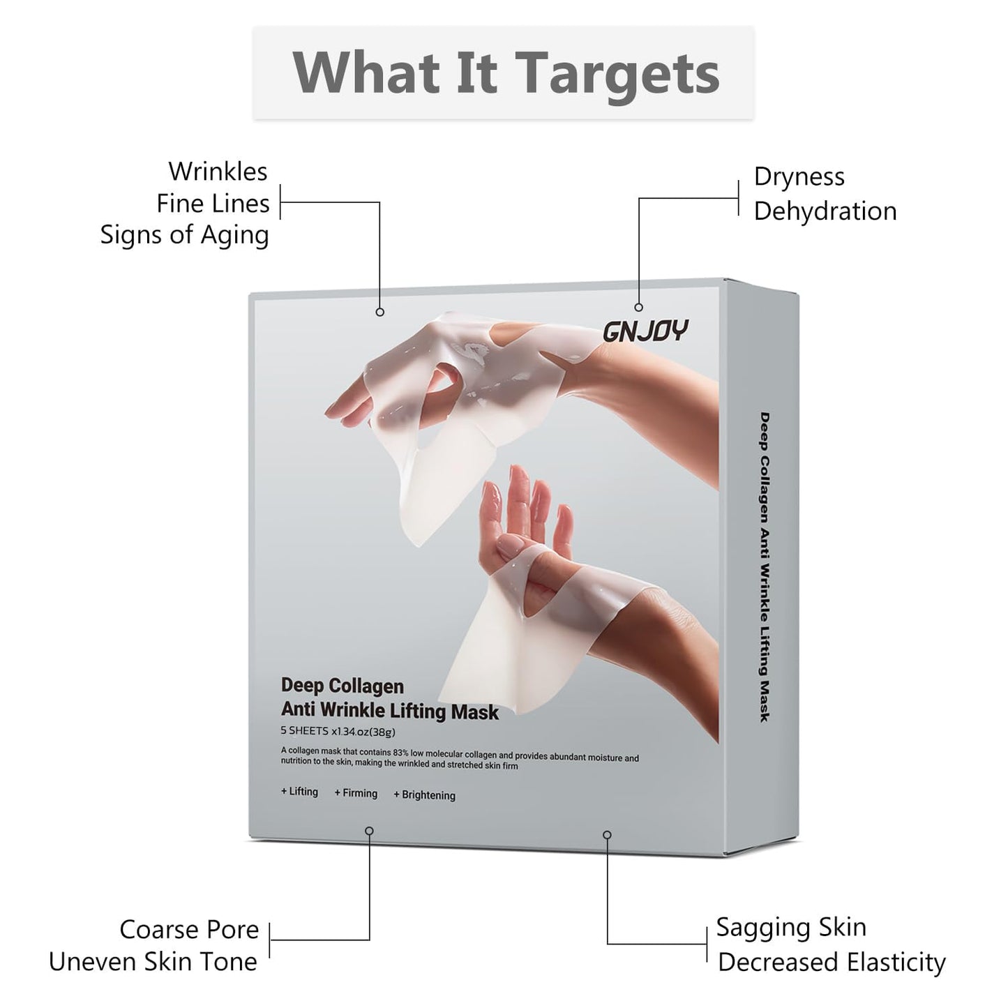 GNJOY Collagen Face Mask Deep Collagen Anti Wrinkle Lifting Mask Collagen Face Mask Overnight, Collagen Real Deep Mask for Lifting, Firming, Moisturizing - 38g x 5ea