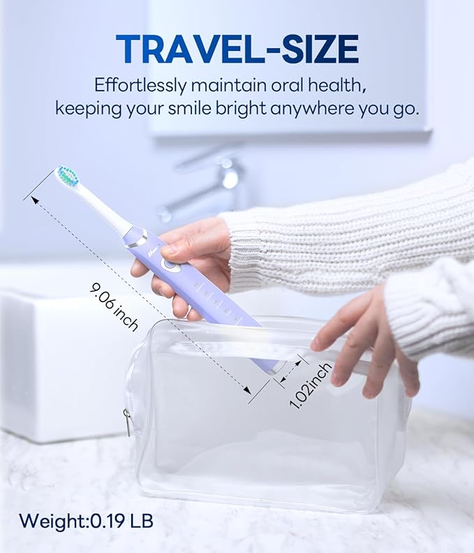 Bymore Electric Toothbrush for Adults,Travel Sonic Toothbrush with 8 Replacement Heads, Ultra Clean RechargeableToothbrush Portable One Charge for 330days 5 Modes 2mins Timer-Purple