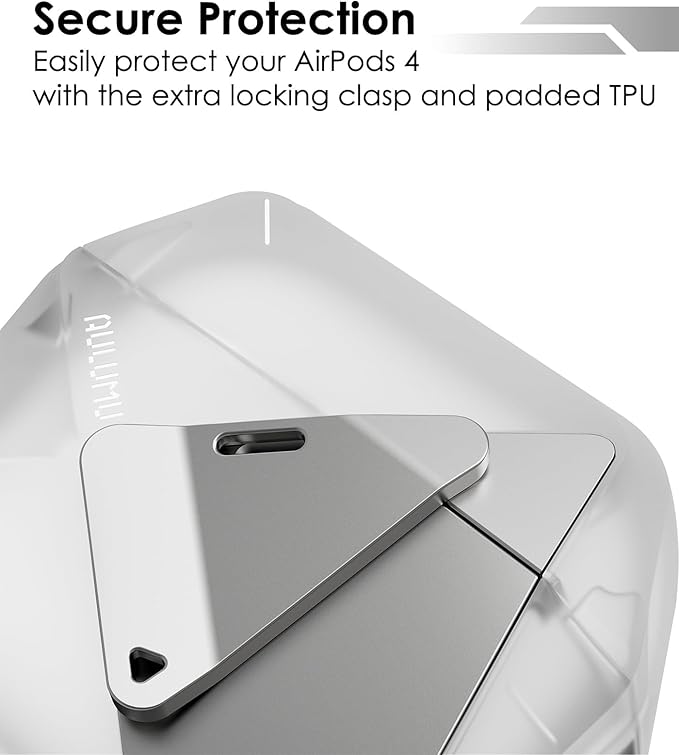 Aulumu A29 Geometric AirPods 4 Case with Lock | Protective Cover with Nylon Buckle | Alloy Armour | Compatible with Apple AirPods 4th (2024) - Translucent White
