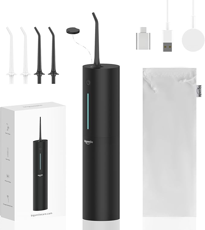Bigsmile Black Water Flosser Cordless Portable Dental Irrigator Travel Shower Strong Pick Floss IPX7 200ML Must Have for Kids Braces Bridges (Black