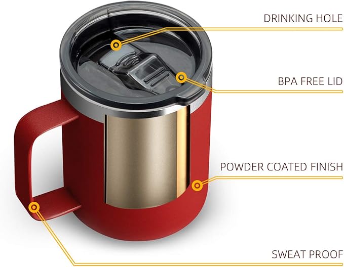 ALOUFEA 12oz Stainless Steel Insulated Coffee Mug with Handle, Double Wall Vacuum Travel Mug, Tumbler Cup with Sliding Lid, Red