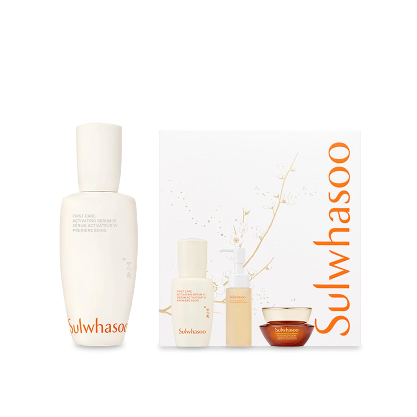 Sulwhasoo First Care Activating Serum 90mL Set Holiday 2025- A four-piece gift set featuring First Care Activating Serum, plus a mini cleanser, and anti-aging Concentrated Ginseng Rejuvenating Cream.