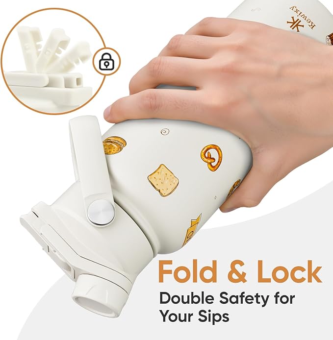 32 oz Insulated Water Bottle, 2-in-1 Lid, Straw & Spout with Protected, Leak Proof, Keep Cold, Stainless Steel, Metal, Reusable, Handle, for Travel, Gym and School, Bake Beige