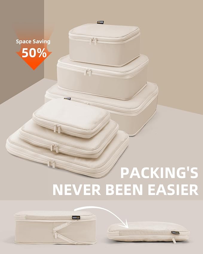 Compression Packing Cubes for Carry on, XL/L/M/S Luggage Organizers (6 Set, Cream White)