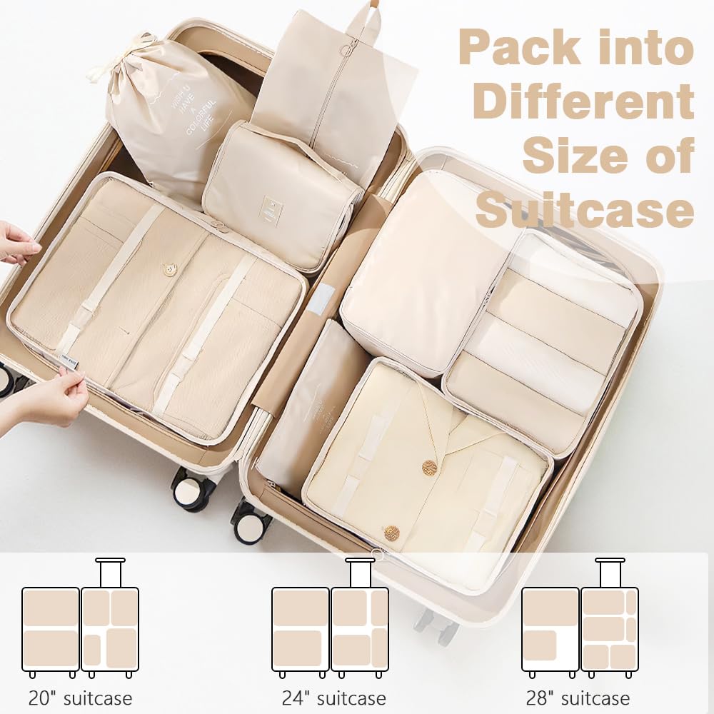 10 Set Packing Cubes for Travel, Lightweight Suitcase Luggage Organizer Bags, Travel Essentials Packing Organizers for Luggage, Packing Cubes for Carry On Suitcase in 4 Sizes with Shoe Bag, White