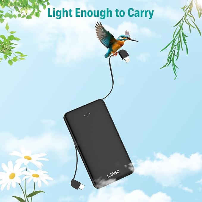 10000mAh Slim Power Bank with Built in Cable,Thin Lightweight Portable Phone Charger,4 Output USB C Travel Essentials External Battery Pack Clutch Charger for iPhone,Samsung,Android,Heated Vest,Black