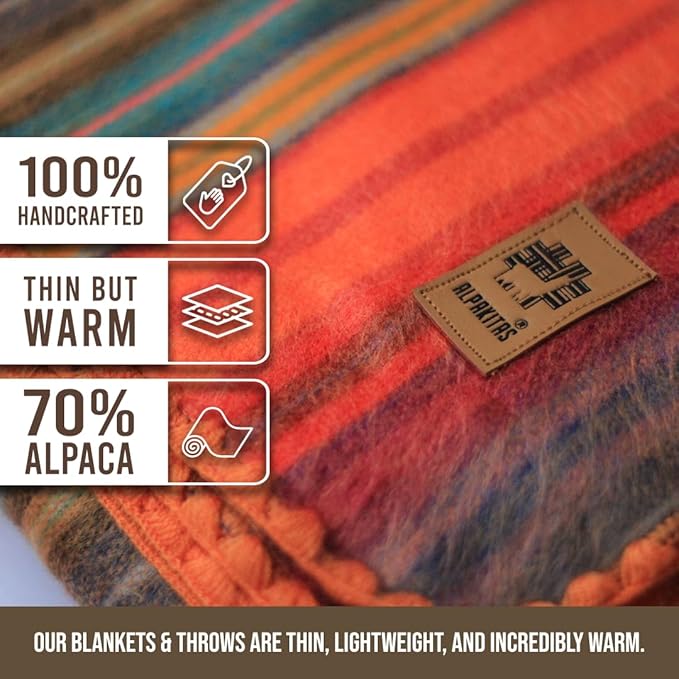 Alpaca Wool Blanket - Twin Size Throw & Warm, Lightweight, Couch or Camp - Outdoor - 75 x 38 Inches (Orange)
